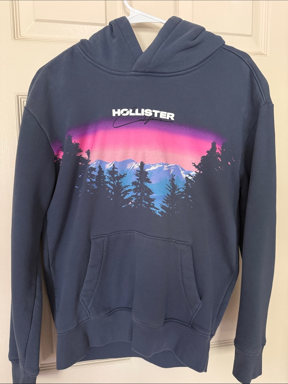 Hollister Navy Crewneck Hoodie with Pink and Blue Mountain Graphic